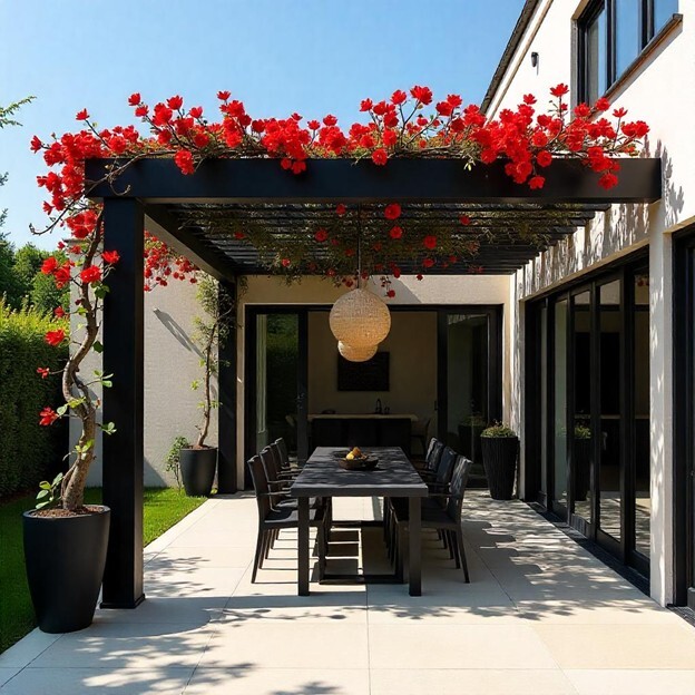 An outdoor eating area with a trellis roof with artificial flowers adorning
