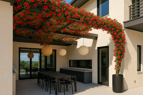 Overhead trellis with red flowers at an outdoor restaurant