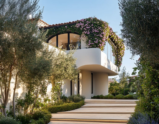 2 story building with pink flower vines around windows on second story