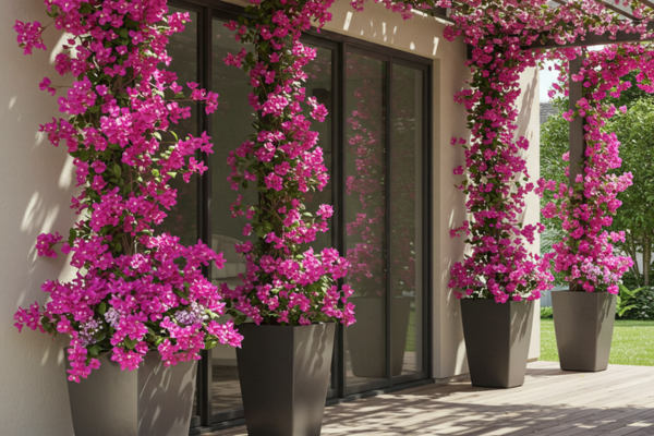 pink climbing vines in tall narrow planters by a sliding glass door
