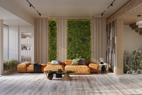 Common area with gold sofas and a faux green wall as a backdrop