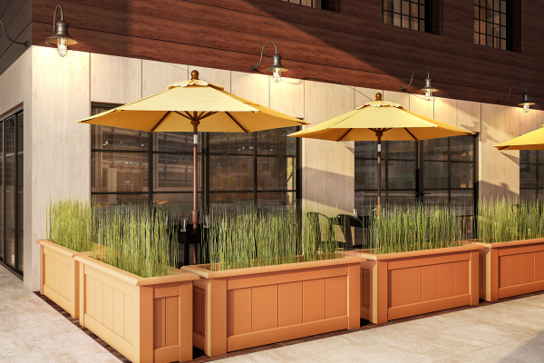 Reed hedges in composite planters creating a space in restaurant