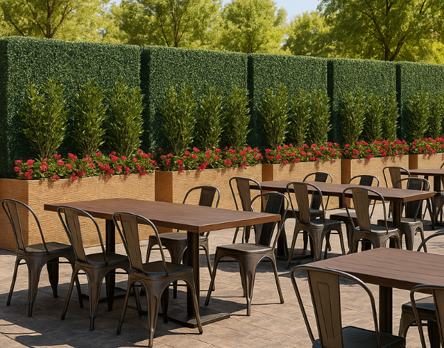 Tables and chairs by a row of hedges in planters