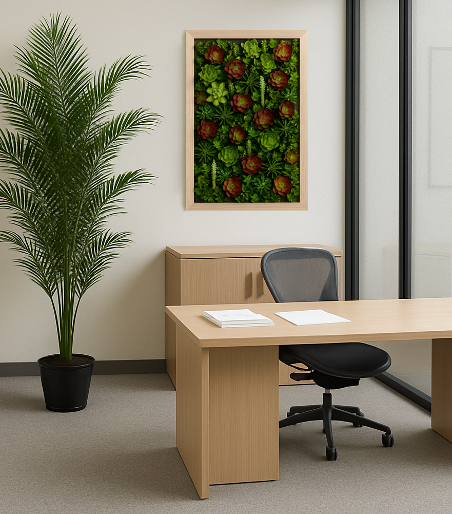 Desk in an office with a palm tree to the side and a living wall behind it