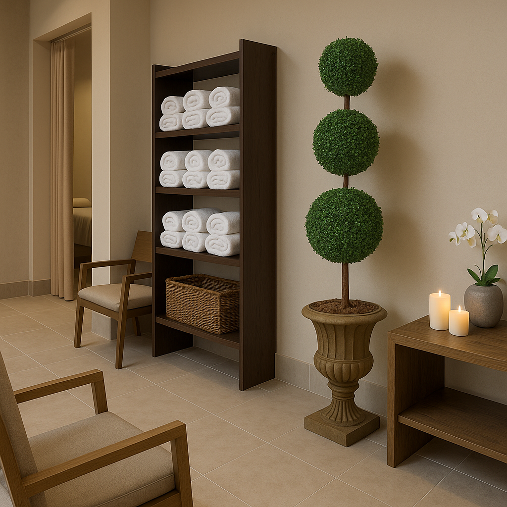 Gym area with rolled up towels and artificial plant