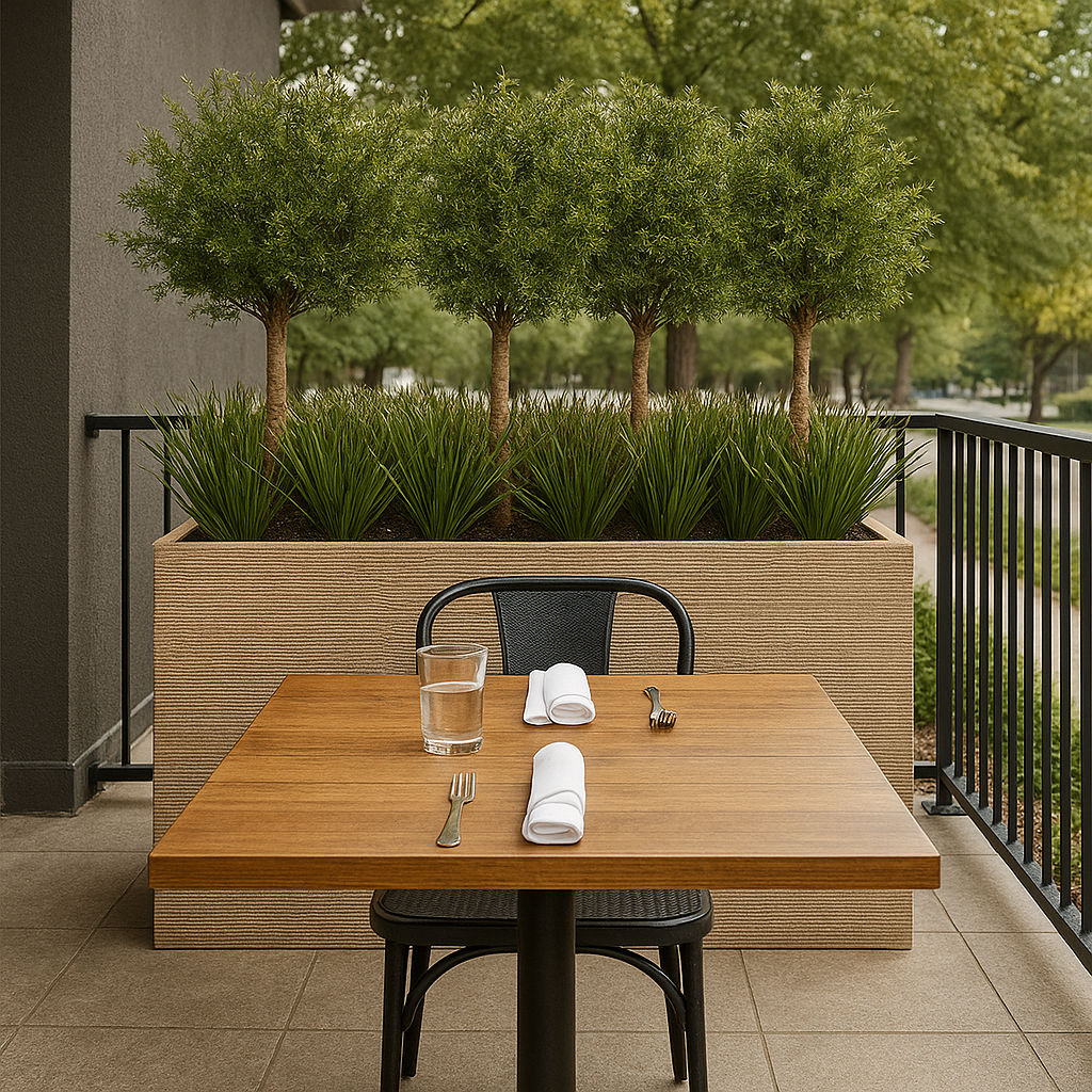Planter with artificial plants with a restaurant table 