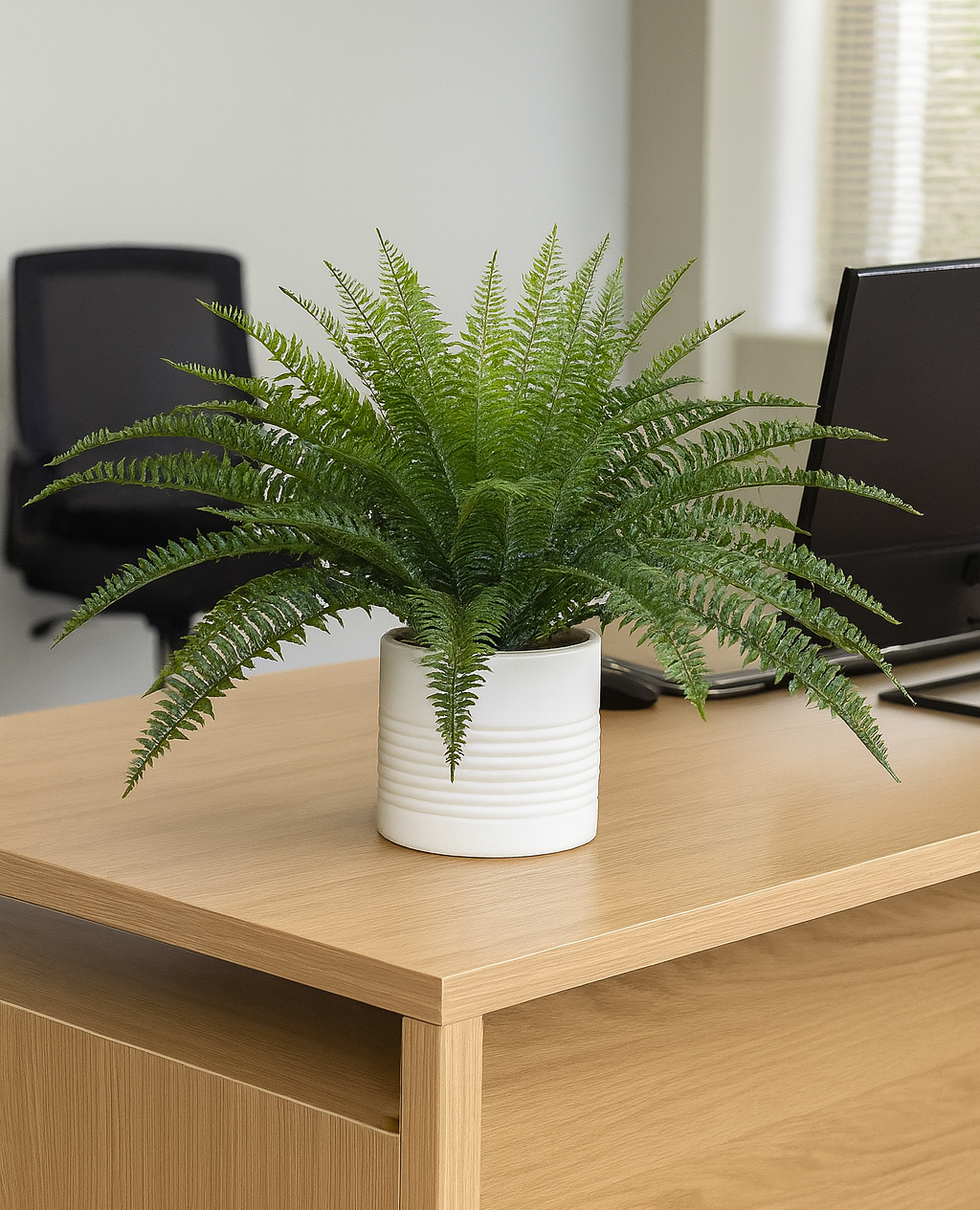 white pot on corner of desk with artificial fern