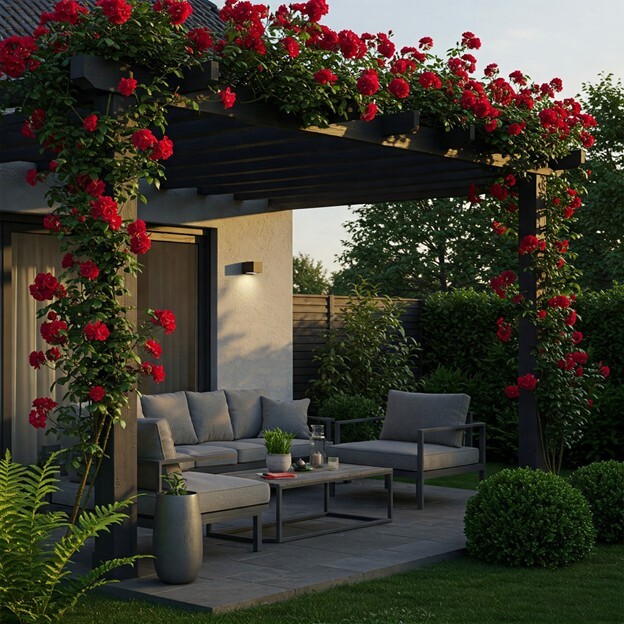 Outdoor seating area under a patio cover covered in red floral artificial plants