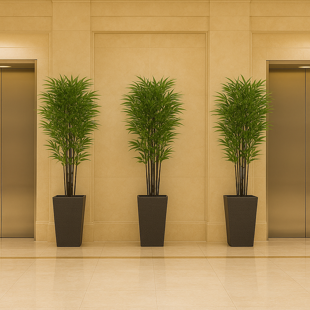 artificial bamboo in planters between elevator doors