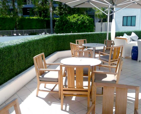 AFTER: Custom Boxwood Hedges hide the unsightly railing and provide privacy.